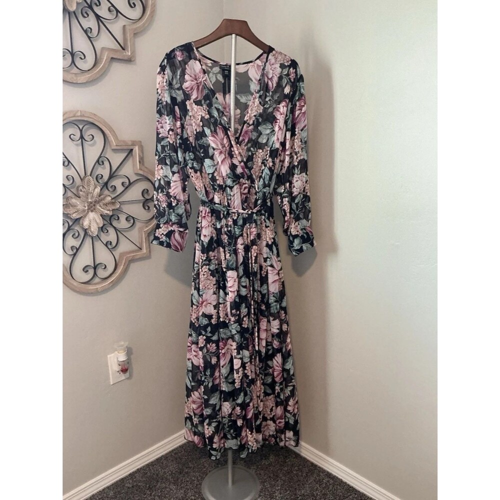 Alexa B Nites Floral Wrap Maxi Dress Black with Pink Floral Size 14W